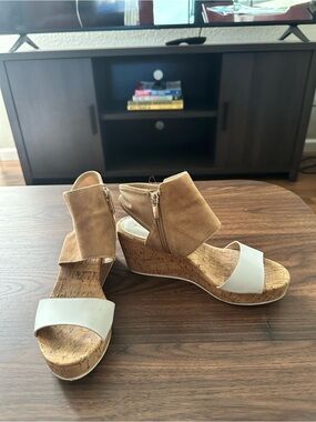Pelle Moda Tan Suede and White Cork Wedge Heels Size 7